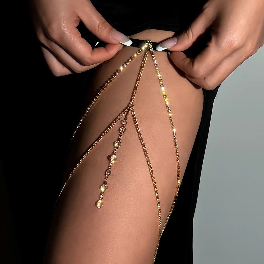 Body Jewelry Thigh Chain - Sexy glänzende Kristall-Mehrschicht-Quasten-Beinketten für Frauen, Charms,